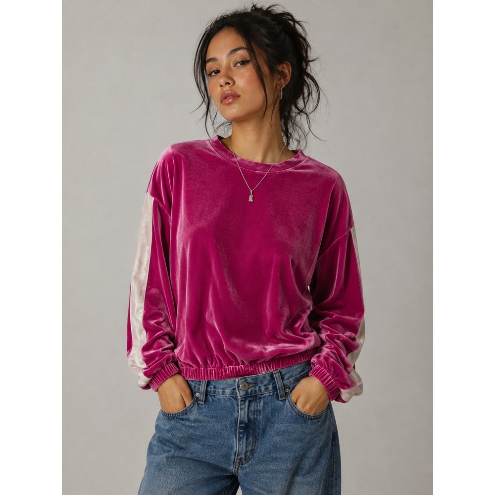 Pink Velour Track Sweatshirt Small 90s Y2K Colorblock Streetwear Loungewear